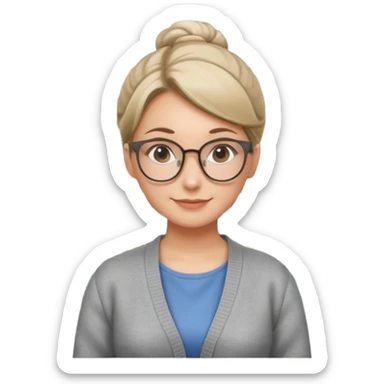 Librarian Style – neat bun, thin metal glasses, calm gentle smile.














































 sticker