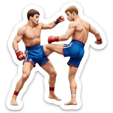 Two Sambo fighters in blue and red gis with shorts and wrestling shoes, executing gripping and throwing techniques. The fighters are engaged in a dynamic, action-packed moment with no strikes. The background features a wrestling mat, focusing on the technique and control. Transparent background  sticker