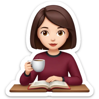 A brunette girl with a bob hairstyle, drinking coffee and reading a book Burgundy sticker