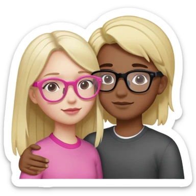 Girl with Dark Brown Hair, Pink glasses, And a mixed skin tone. Boy with white skin tone, Long Blonde Hair and black glasses. The two embrace each other  sticker