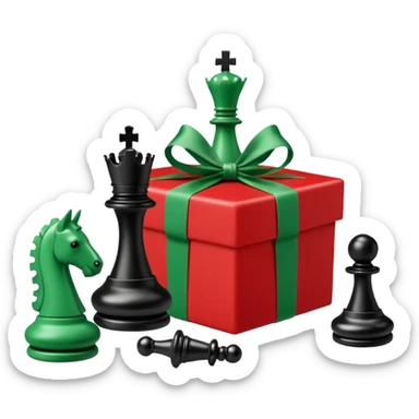 A red gift tied with a green ribbon in a white polka dot, with a knight and pawn chess pieces falling out of the gift sticker