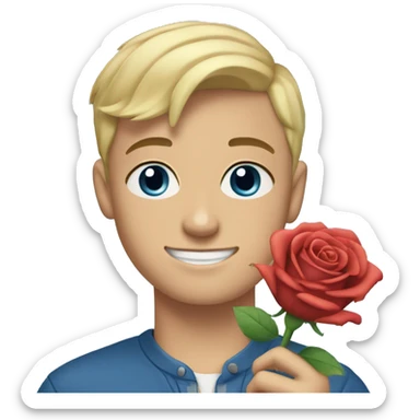blonde-haired 18-year-old boy, buzz cut hair, blue eyes, blue top, blue background, holding a rose  sticker