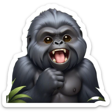 Cinematic Cute Yawning mountain Gorilla Portrait Emoji, Head tilted slightly with a dramatic, wide-open yawn, showcasing a formidable build with a silvery mane and drowsy, half-closed eyes, Simplified yet irresistibly adorable features, highly detailed, glowing with a soft, cozy jungle glow, high shine, relaxed yet expressive, stylized with a dash of whimsical primate charm, soft glowing outline, capturing the essence of a drowsy yet affectionate guardian that appears ready to stretch out for a nap! sticker