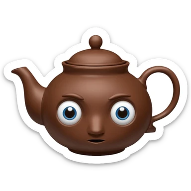 brown teapot, with a concerned expression including big blue eyes. It has human legs on the bottom, and a human hand connected to its handle. sticker