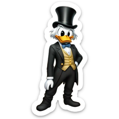 a slim successful looking scrooge mcduck standing atop a pile of money sticker