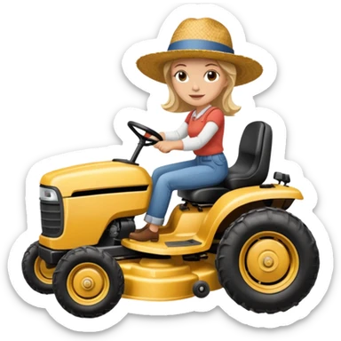 White woman without glasses wearing a straw hat, on old Westwood ride on lawn mower.  sticker