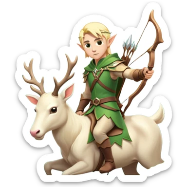 clash-of-clans-aesthetic-blond-male elf-archer-portrait-emoji, rendered in a flat, vector-style with minimal shading and bold, simplified shapes, head tilted slightly forward with a determined, focused expression, riding a majestic white stag whose antlers glow with mystical energy, set against an ancient, enchanted forest backdrop. sticker