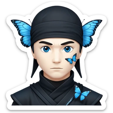 Crea una imagen con estos dos emoji 🥷🏻🦋
él ninja de piel blanca con la mariposa azu posada en el hombro como si estuviera volando. sticker