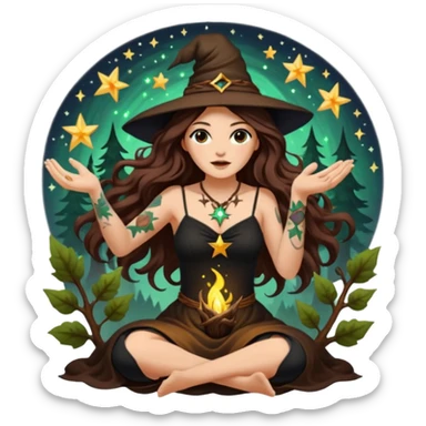 forest witch woman long wavy brown hair tattoos tossing star seed sticker