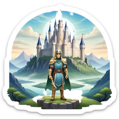 An icon featuring a hero with a closed visor, standing in a majestic, mystical landscape, inspired by RPGs like Elden Ring. The design includes a stunning, ethereal background with towering castles and distant mountains, symbolizing the adventure and mystery. Transparent background sticker