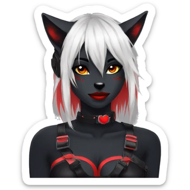 Anthro Edgy Cool Beautiful Black Cat-Fursona with Emo Hair-bangs with Red Streaks Chest Harness sticker