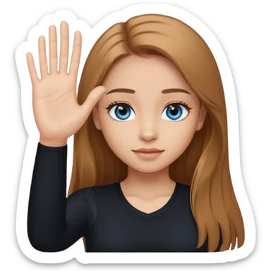 A girl with long eyelashes, long light brown hair, blue eyes, with her palm up. with black undershirt sticker