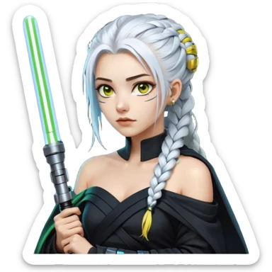  a closeup portrait of young woman with gold yellow eyes, white hair, long braid, black off-shoulder top, punk gothic style, futuristic cyberwave cyberpunk,  jedi attire and posture robes of a padawan, foreweilding a bright blue-green lightsaber sticker