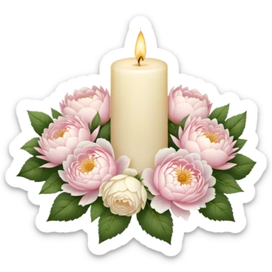 A soft ivory pillar candle, melted slightly over time, nestled within a floral wreath of pale pink roses, delicate white peonies, and blush dahlias, casting a gentle golden glow.
 sticker