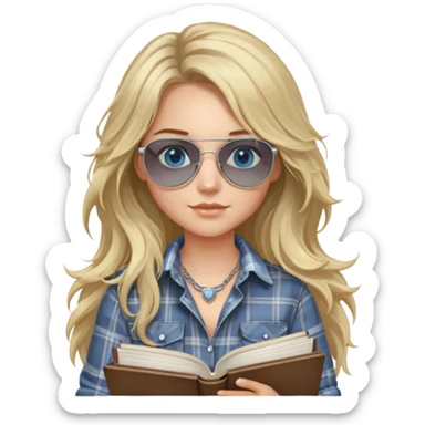 girl with long blond messy hair wearing grey plaid shirt with blue eyes and aviator sunglasses wearing a ring on her silver necklace, holding law books sticker