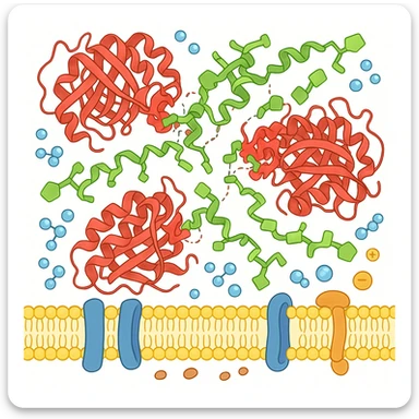 Ultra-realistic scientific illustration of enzymatic starch digestion at the cellular level, rendered in textbook-accurate detail. Show:

Multiple amylase enzyme molecules (red, with clear tertiary structure showing alpha-helices and beta-sheets) actively cleaving
Starch polymers (green amylose/amylopectin with accurate glucose unit linkages - α(1→4) and α(1→6) branches)
Cell membrane segment (yellow phospholipid bilayer with integral proteins and cholesterol molecules)
Reaction environment (blue water molecules, ionic interactions, pH-sensitive groups)
Molecular interactions (hydrogen bonds, substrate-enzyme transition state, electron cloud textures)
Technical Specifications:

Background: Pure white (#FFFFFF)
Accuracy: PDB-level structural correctness (reference 1SMD for amylase)
Exclusions: No labels
Special Details to Include:

Catalytic triad (Asp197, Glu233, Asp300) in amylase active site
Starch helix distortion during hydrolysis
Membrane protein channels for glucose transport sticker