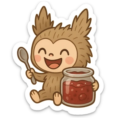 Labubu with a spoon, enjoying jam from a jar, playful and cheerful, cartoon style sticker