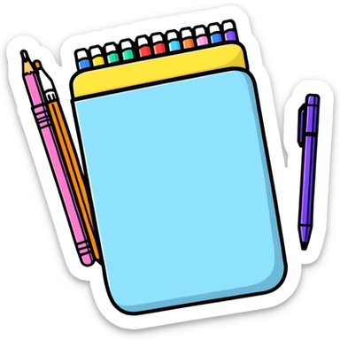 Cute school supplies including colorful pencil case, notebook, pens, and markers sticker