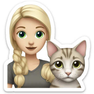 Blonde girl with blue eyes holding a gray tabby cat sticker
