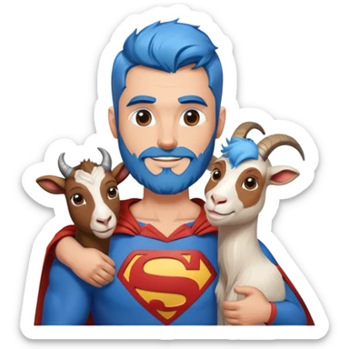 Adult Superman with redish brownish full beard with his arm around a blue hair happy goat sticker