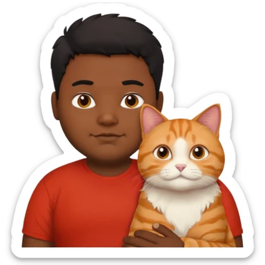 Indian black chubby guy with black middle parted hair in red t-shit with orange cat sticker