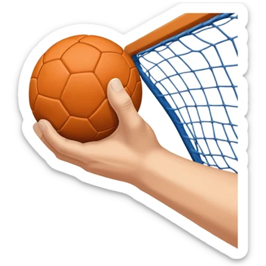 A close-up of a hand gripping a handball, with the handball gates visible in the background. The focus is on the texture of the ball and the strength of the grip, with the goal net slightly blurred to emphasize the anticipation of the throw. sticker
