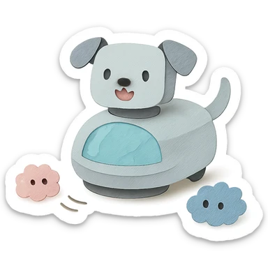 soft grey pastel robot puppy vacuum spinning and chasing dust bunnies, full-body sticker