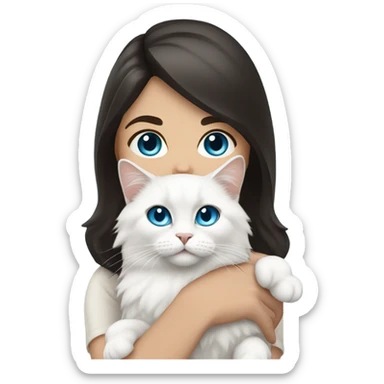 woman with dark hair and holding a all white Siberian cat with blue eyes sticker