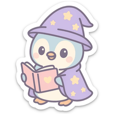 penguin wizard reading a spellbook, wearing a starry robe, charming sticker