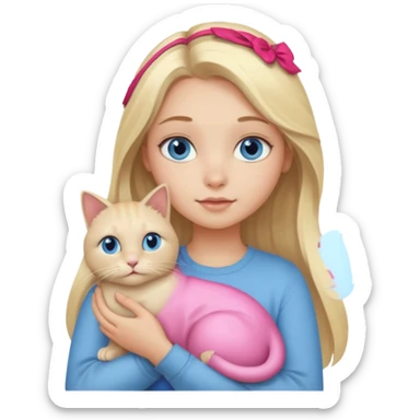 blonde girl with long blonde hair and blue eyes with chubby gray cat sticker