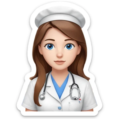 pretty female nursing student with long brown hair, blue eyes inside a classroom at university sticker