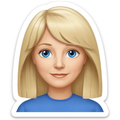 50 yr old white woman, curtain bangs, long straight blond hair, oval face, small smile, blue eyes sticker