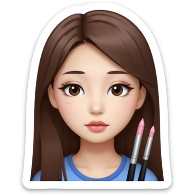 “korean straight long brown hair Emoji girl, soft eyeliner and blush, gradient lips, light brown shimmer eyeshadow sticker