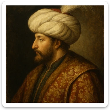 Fatih Sultan Mehmet, Ottoman sultan, with a feathered turban and ornate cloak, side profile, historical painting style sticker