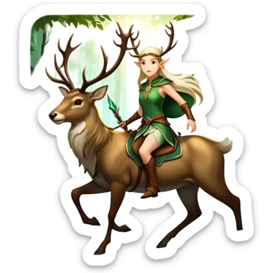 An icon representing an adventure game, inspired by high-fantasy RPGs. The design features a swift and agile elven ranger riding a majestic stag through an ancient forest, its antlers glowing faintly with mystical energy. Sunlight filters through towering trees, creating a sense of mystery, nature, and adventure. Transparent background. sticker