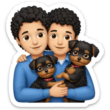 Young man with little brown skin, black curly hair, cheerful dark brown eyes, hugging two yorkie of long hair  sticker