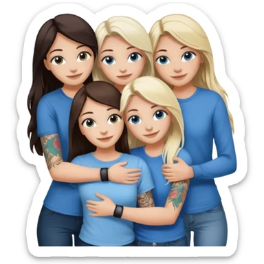four white girlfriends hugging and smiling    2 women with brown eyes and long dark  hair. Two women with blue eyes and light blonde hair. They like tattoos and getting in trouble  sticker