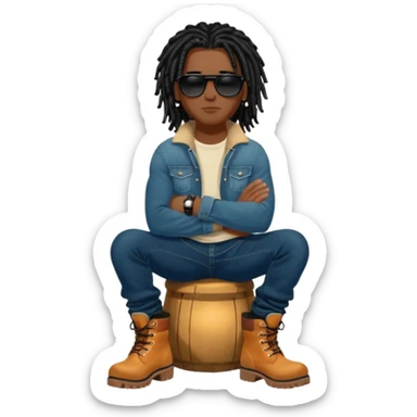 African American man with shoulder length black dreadlocks with black bead wearing black sunglasses with wearing denim skinny jeans and wheat timberland boots with arms folded sticker