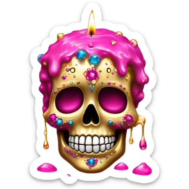 Realistic hot pink sugar skull decorated with colorful rhinestones with metallic gold candle on top of its head dripping meltdown metallic gold wax down skull sticker