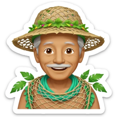 Hawaiian old man with leaf hat and big trash net and colorful cloth sticker