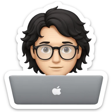 guy with wavy black hair and skin tone a little bit white and glasses, with a macbook sticker