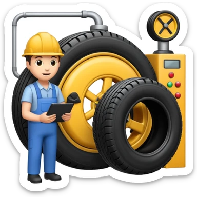 please draw me a emoji of tire - inside the manufacturing factory - getting inspected by machine not the human - the machins is checking uniformity - machine is complicated  sticker
