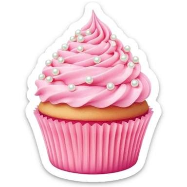 Cinematic Realistic Pink Cupcakes, fluffy pastel pink frosting swirled elegantly on top of golden cupcakes, tiny edible pearls adding a delicate touch, soft warm lighting creating a dreamy atmosphere, glowing with sweetness and charm. sticker
