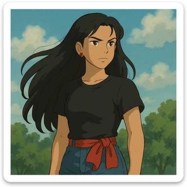 eres una chica de cabello largo hasta la cintura, con una textura ondulada-lacia, de color oscuro, que resalta con tu energía. Tu rostro tiene una expresión que refleja tu fuerza y determinación, pero también una serenidad que se puede notar. Tienes una figura que transmite seguridad, y aunque tu estilo es relajado, sabes cómo resaltar esa confianza.

Te gusta usar toques de rojo, como detalles en tu ropa o accesorios, siempre manteniendo un estilo que se adapta a tu energía, sin perder esa vibra única que tienes. Tu presencia tiene una mezcla de dulzura y poder, lo que hace que sea difícil no notar tu luz cuando estás en un lugar. sticker