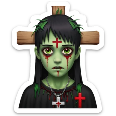 zumbi verde com olhos vermelhos sangrando e franja roupa preta e um crucifixo como colar, sem ser na testa e um piercing no nariz bem feminino a franja reta também  sticker