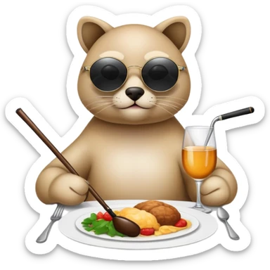 blind animal at dinner table with dark circular sunglasses on and a cane sticker