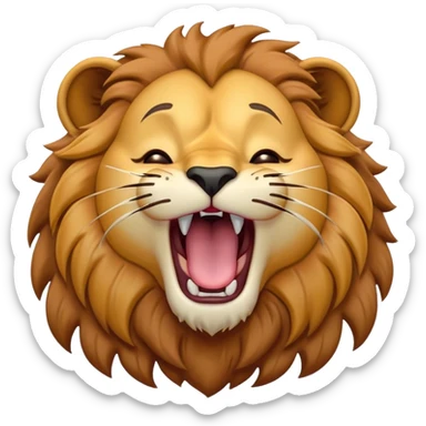 Cinematic Cute Yawning Lion Portrait Emoji, Head tilted slightly with a dramatic, wide-open yawn, showcasing a soft, downy tawny Fur with a majestic mane, floppy ears slightly drooping, round amber eyes barely open in drowsy contentment, Simplified yet irresistibly adorable features, highly detailed, glowing with a soft, cozy glow, high shine, relaxed yet expressive, stylized with a touch of savannah whimsy, bright and endearing, soft glowing outline, capturing the essence of a sleepy yet affectionate lion, so drowsy it feels like it could stretch out of the screen and curl up for a nap! sticker