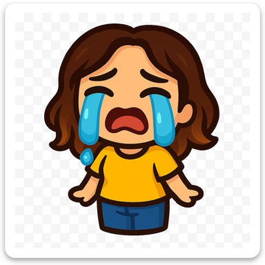 Create a chibi emote of a woman from the reference wearing a yellow t-shirt and jeans, crying with big tears, no headband, no wand, matching the attached green heart emote as a base, transparent background sticker