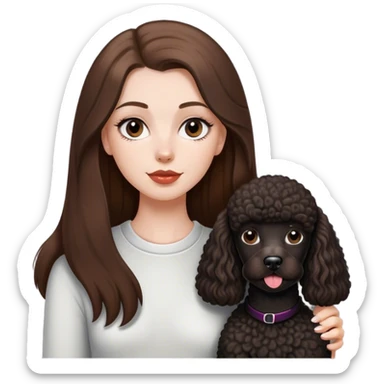 a white girl with straight long brown hair and a black french poodle dog sticker