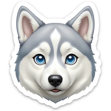 Cinematic Cute Siberian Husky Portrait Emoji, Head tilted playfully and inquisitively, featuring a lush grey and white coat with striking accents, round, sparkling icy blue eyes filled with curiosity, Simplified yet irresistibly adorable features, highly detailed, glowing with a crisp, friendly glow, high shine, affectionate and lively, stylized with a touch of whimsy, bright and endearing, soft glowing outline, capturing the essence of a mischievous yet loving pup, so playful it feels like it could dash out of the screen and into your arms! sticker